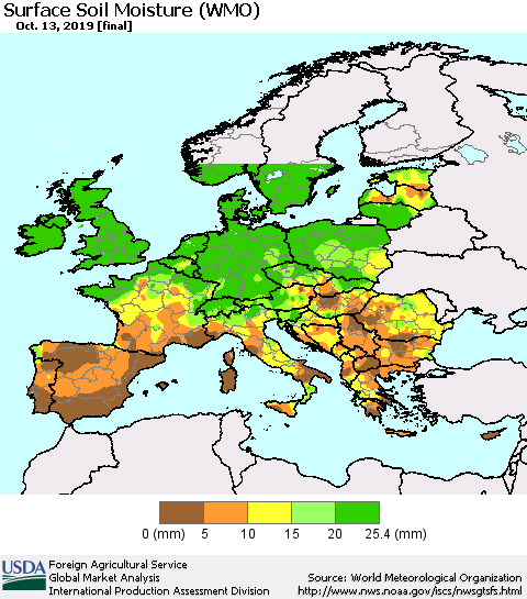 Europe Surface Soil Moisture (WMO) Thematic Map For 10/7/2019 - 10/13/2019