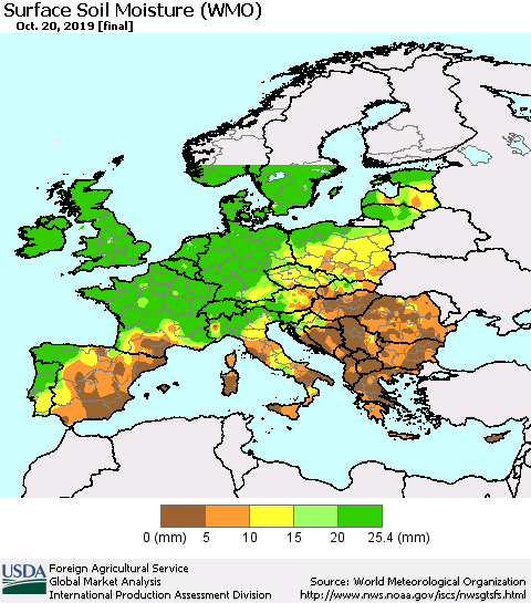 Europe Surface Soil Moisture (WMO) Thematic Map For 10/14/2019 - 10/20/2019