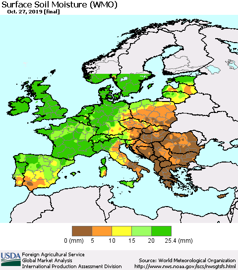 Europe Surface Soil Moisture (WMO) Thematic Map For 10/21/2019 - 10/27/2019