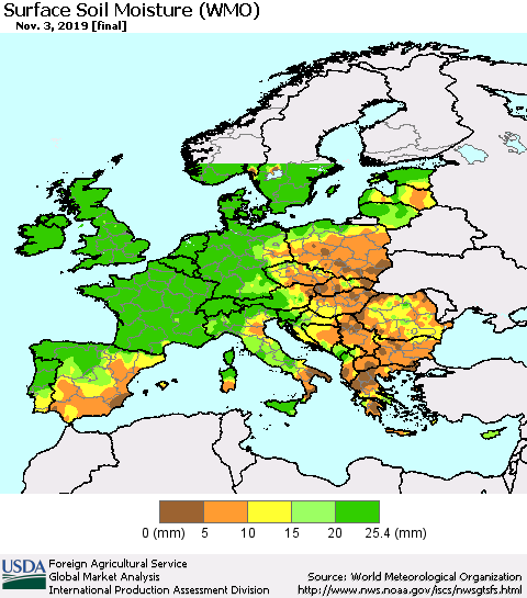 Europe Surface Soil Moisture (WMO) Thematic Map For 10/28/2019 - 11/3/2019