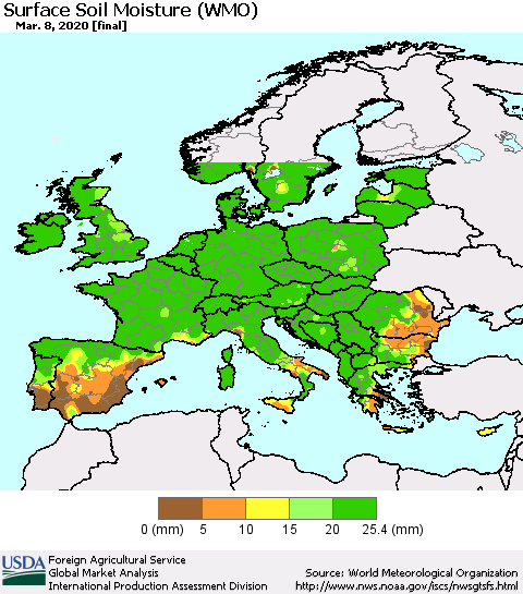 Europe Surface Soil Moisture (WMO) Thematic Map For 3/2/2020 - 3/8/2020