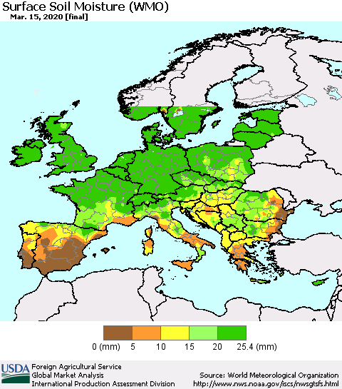 Europe Surface Soil Moisture (WMO) Thematic Map For 3/9/2020 - 3/15/2020