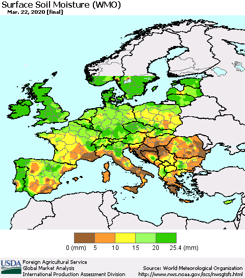 Europe Surface Soil Moisture (WMO) Thematic Map For 3/16/2020 - 3/22/2020