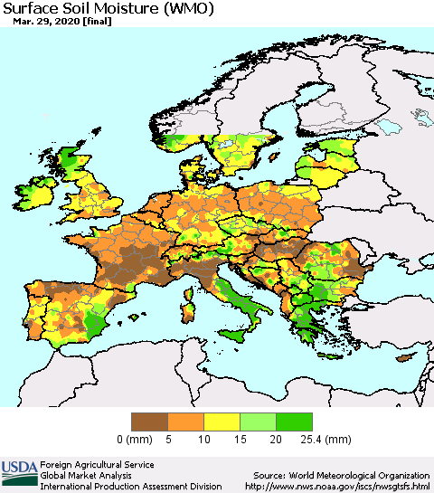 Europe Surface Soil Moisture (WMO) Thematic Map For 3/23/2020 - 3/29/2020