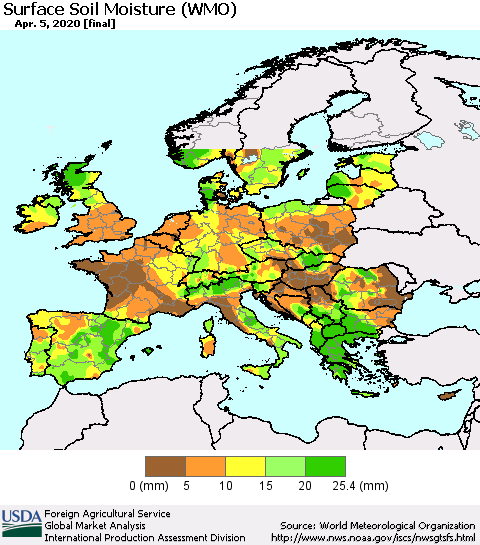 Europe Surface Soil Moisture (WMO) Thematic Map For 3/30/2020 - 4/5/2020