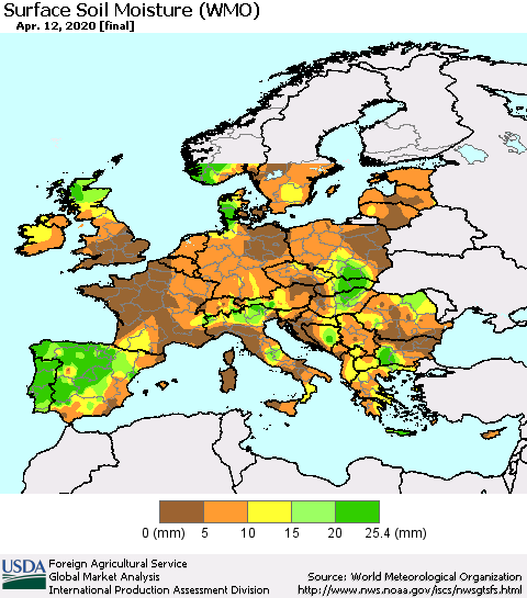 Europe Surface Soil Moisture (WMO) Thematic Map For 4/6/2020 - 4/12/2020