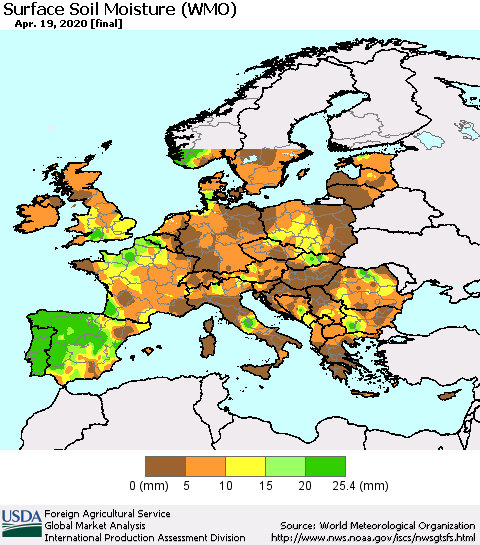 Europe Surface Soil Moisture (WMO) Thematic Map For 4/13/2020 - 4/19/2020
