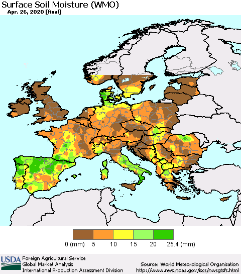 Europe Surface Soil Moisture (WMO) Thematic Map For 4/20/2020 - 4/26/2020