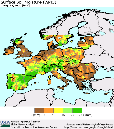 Europe Surface Soil Moisture (WMO) Thematic Map For 5/11/2020 - 5/17/2020