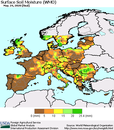 Europe Surface Soil Moisture (WMO) Thematic Map For 5/18/2020 - 5/24/2020