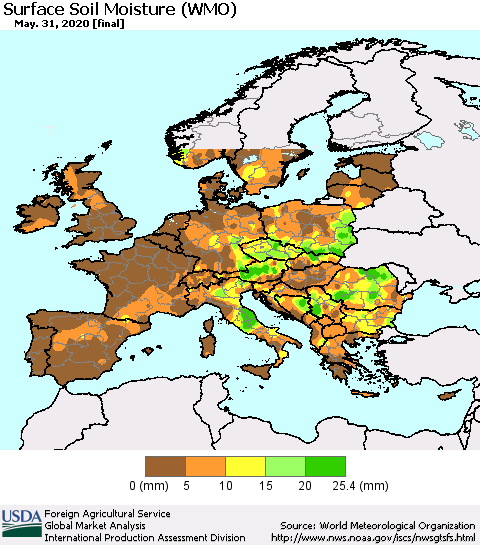 Europe Surface Soil Moisture (WMO) Thematic Map For 5/25/2020 - 5/31/2020
