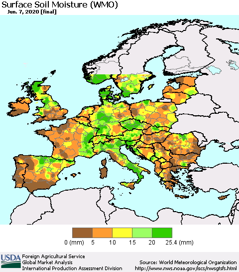 Europe Surface Soil Moisture (WMO) Thematic Map For 6/1/2020 - 6/7/2020