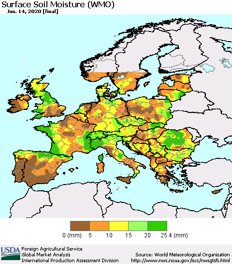 Europe Surface Soil Moisture (WMO) Thematic Map For 6/8/2020 - 6/14/2020
