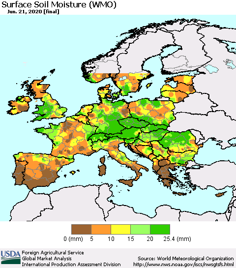 Europe Surface Soil Moisture (WMO) Thematic Map For 6/15/2020 - 6/21/2020