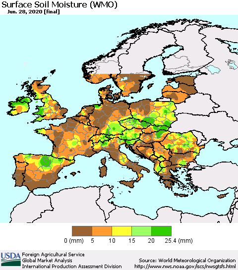 Europe Surface Soil Moisture (WMO) Thematic Map For 6/22/2020 - 6/28/2020