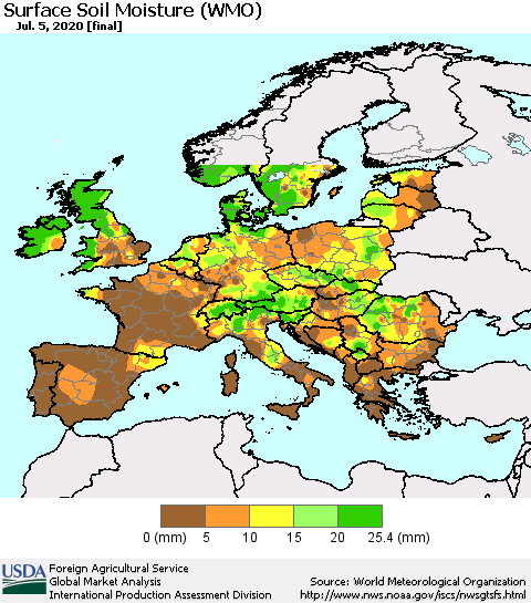 Europe Surface Soil Moisture (WMO) Thematic Map For 6/29/2020 - 7/5/2020