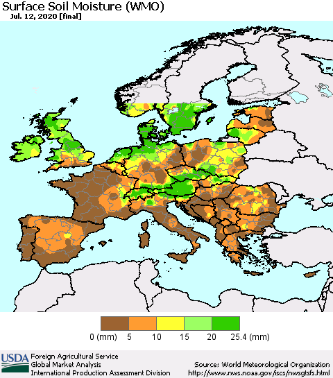 Europe Surface Soil Moisture (WMO) Thematic Map For 7/6/2020 - 7/12/2020