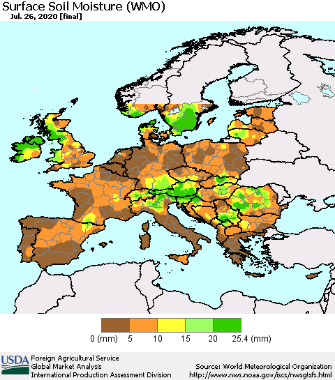 Europe Surface Soil Moisture (WMO) Thematic Map For 7/20/2020 - 7/26/2020