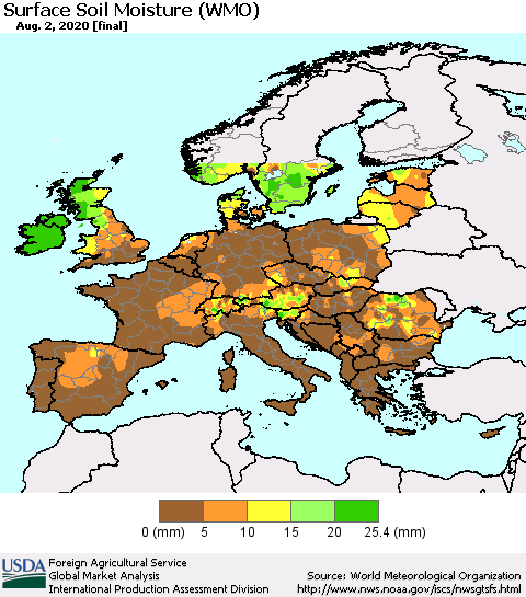 Europe Surface Soil Moisture (WMO) Thematic Map For 7/27/2020 - 8/2/2020