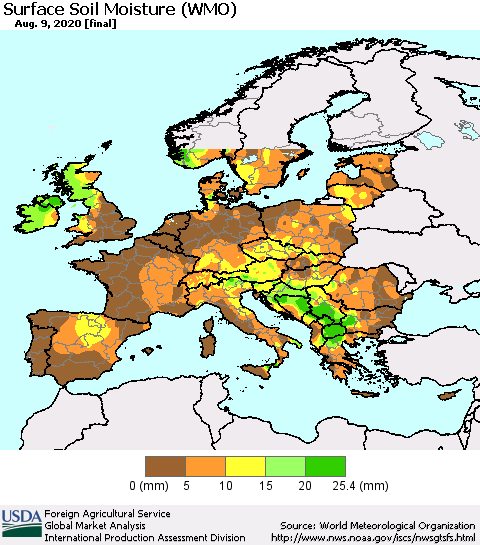 Europe Surface Soil Moisture (WMO) Thematic Map For 8/3/2020 - 8/9/2020