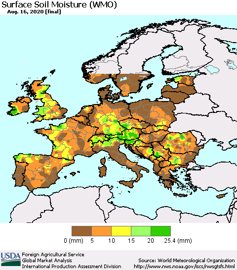 Europe Surface Soil Moisture (WMO) Thematic Map For 8/10/2020 - 8/16/2020
