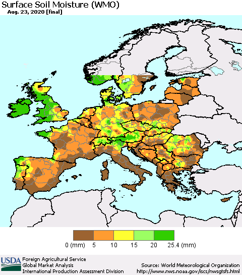 Europe Surface Soil Moisture (WMO) Thematic Map For 8/17/2020 - 8/23/2020