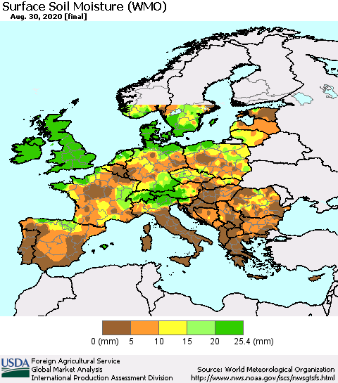 Europe Surface Soil Moisture (WMO) Thematic Map For 8/24/2020 - 8/30/2020