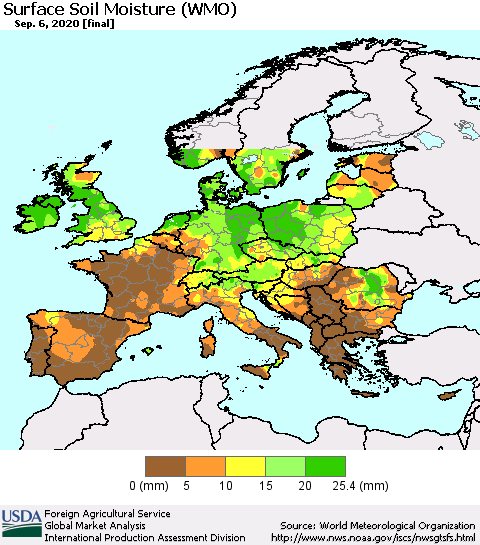 Europe Surface Soil Moisture (WMO) Thematic Map For 8/31/2020 - 9/6/2020
