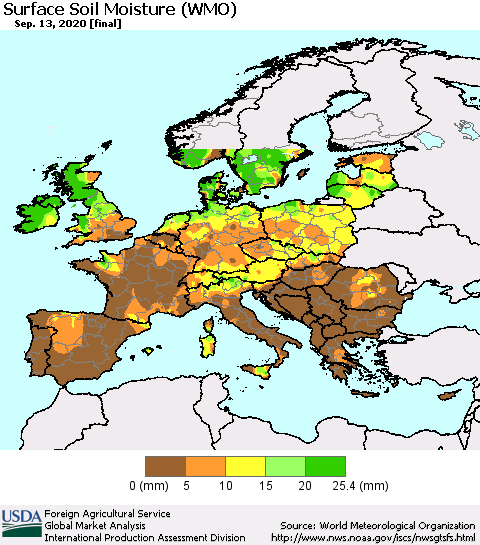 Europe Surface Soil Moisture (WMO) Thematic Map For 9/7/2020 - 9/13/2020