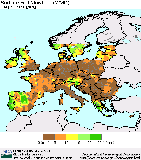 Europe Surface Soil Moisture (WMO) Thematic Map For 9/14/2020 - 9/20/2020