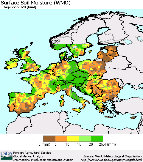 Europe Surface Soil Moisture (WMO) Thematic Map For 9/21/2020 - 9/27/2020