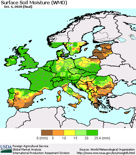 Europe Surface Soil Moisture (WMO) Thematic Map For 9/28/2020 - 10/4/2020