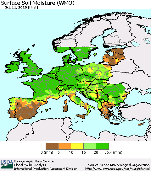 Europe Surface Soil Moisture (WMO) Thematic Map For 10/5/2020 - 10/11/2020