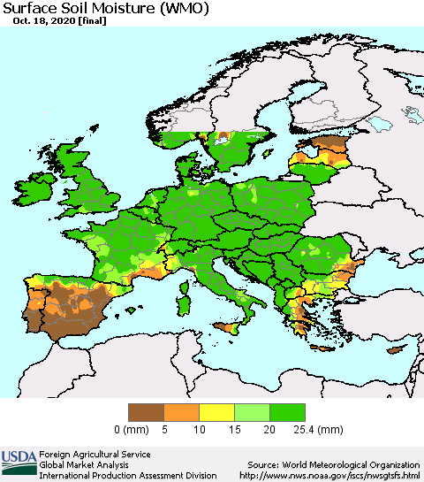Europe Surface Soil Moisture (WMO) Thematic Map For 10/12/2020 - 10/18/2020