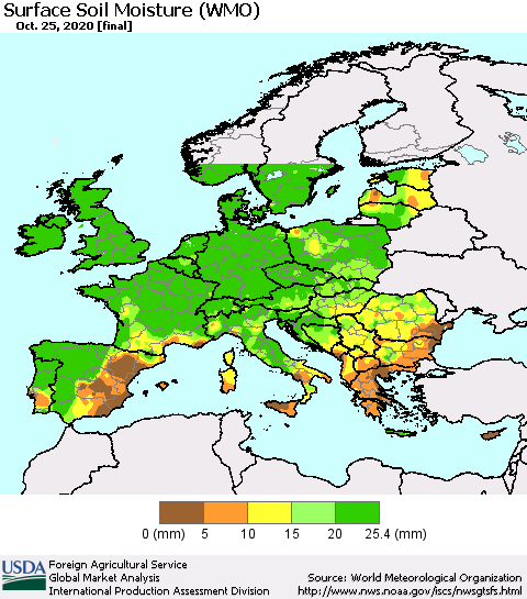 Europe Surface Soil Moisture (WMO) Thematic Map For 10/19/2020 - 10/25/2020