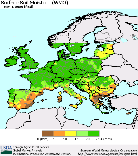 Europe Surface Soil Moisture (WMO) Thematic Map For 10/26/2020 - 11/1/2020