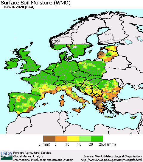 Europe Surface Soil Moisture (WMO) Thematic Map For 11/2/2020 - 11/8/2020