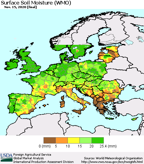 Europe Surface Soil Moisture (WMO) Thematic Map For 11/9/2020 - 11/15/2020