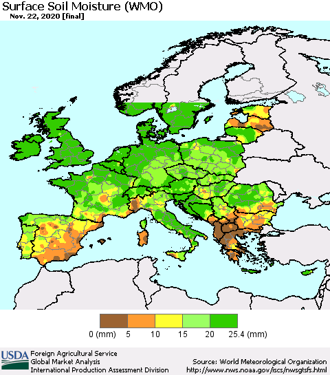 Europe Surface Soil Moisture (WMO) Thematic Map For 11/16/2020 - 11/22/2020