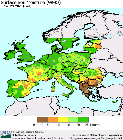 Europe Surface Soil Moisture (WMO) Thematic Map For 11/23/2020 - 11/29/2020