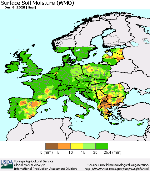 Europe Surface Soil Moisture (WMO) Thematic Map For 11/30/2020 - 12/6/2020