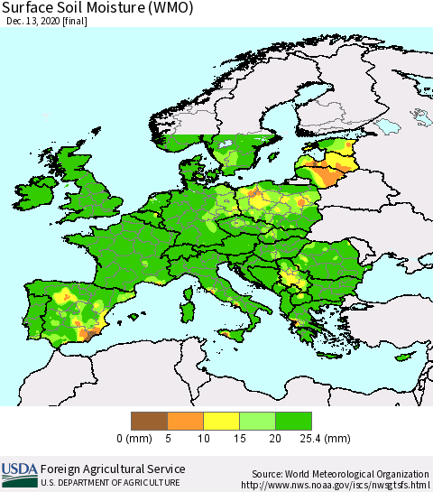 Europe Surface Soil Moisture (WMO) Thematic Map For 12/7/2020 - 12/13/2020