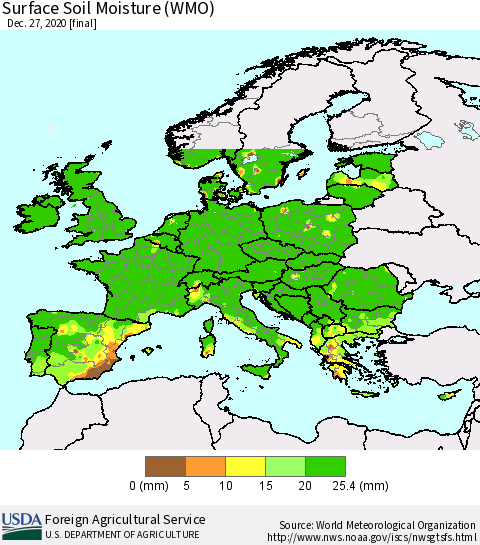 Europe Surface Soil Moisture (WMO) Thematic Map For 12/21/2020 - 12/27/2020