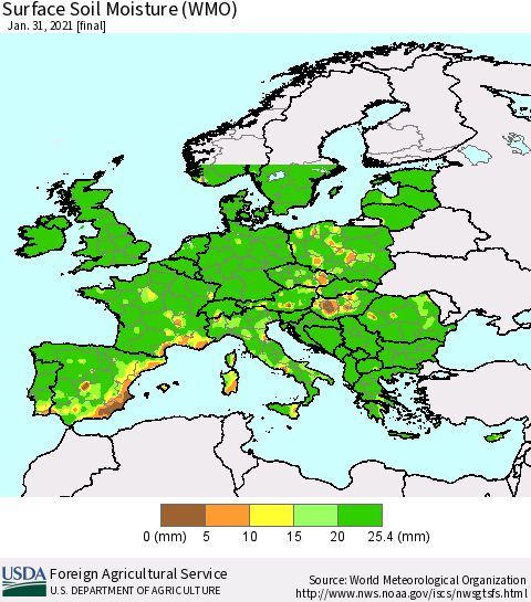 Europe Surface Soil Moisture (WMO) Thematic Map For 1/25/2021 - 1/31/2021