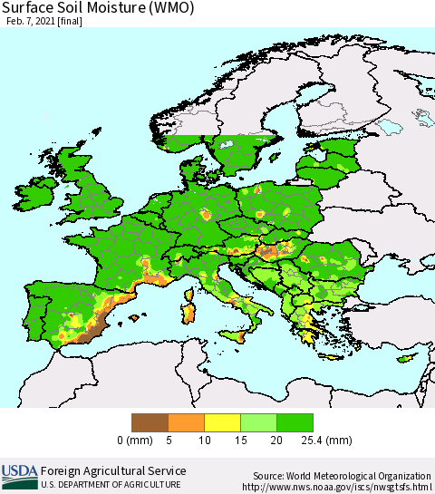 Europe Surface Soil Moisture (WMO) Thematic Map For 2/1/2021 - 2/7/2021