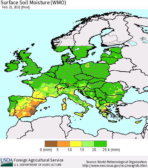 Europe Surface Soil Moisture (WMO) Thematic Map For 2/15/2021 - 2/21/2021