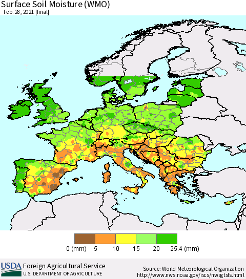 Europe Surface Soil Moisture (WMO) Thematic Map For 2/22/2021 - 2/28/2021