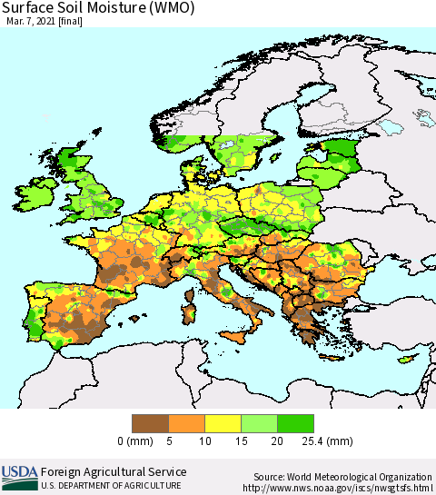 Europe Surface Soil Moisture (WMO) Thematic Map For 3/1/2021 - 3/7/2021