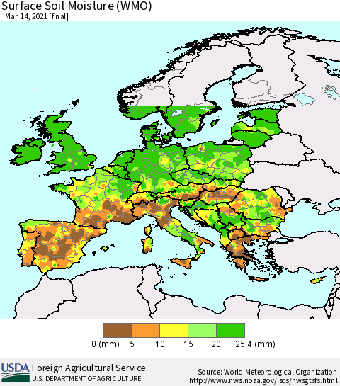 Europe Surface Soil Moisture (WMO) Thematic Map For 3/8/2021 - 3/14/2021