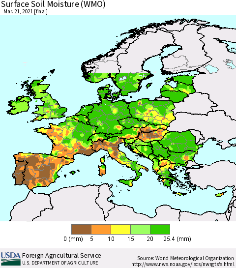 Europe Surface Soil Moisture (WMO) Thematic Map For 3/15/2021 - 3/21/2021